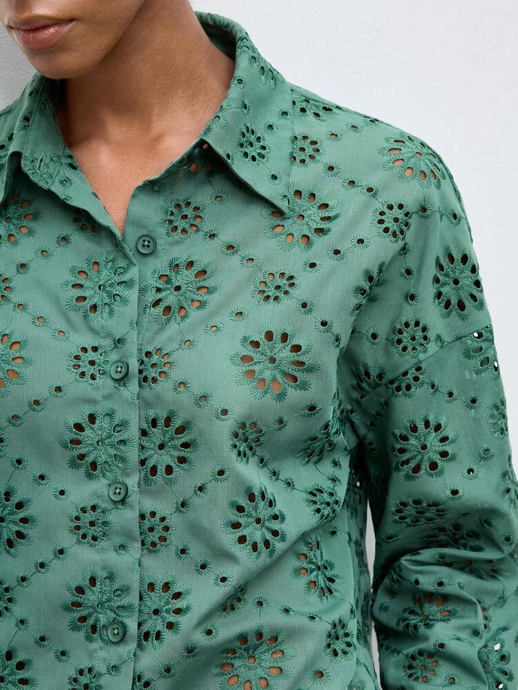 SHEIN Maija Women's Hollow Embroidered Drop Shoulder Long Sleeve Single-Breasted Casual Shirt,Going Out,Casual Blouse For Women, 2026 Vacation,Summer Holiday,Beach Vacation Women Casual Outfits Women's Summer Outfits Women Spring Outfit