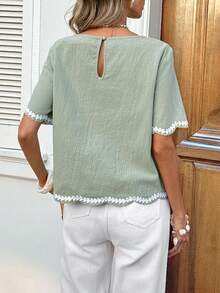 SHEIN LUNE 100%纯棉蕾丝边休闲女式衬衫，适合度假、夏季外出、沙滩穿着，绿色，夏季纯棉上衣 - 綠色 - 查看 3