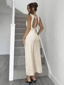 Siren Gaze Elegantes Damen Kleid mit Polka Dot Muster und rückenfreiem Rücken, Sommer Polka Dot Maxikleid, elegante Damenoutfits, Damenbekleidung, Damenkleid, Abendgarderobe, Hochzeitsgast Kleid, Damen Polka Dot - Aprikosenfarben - Übersicht 2
