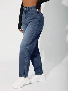 SHEIN PETITE Quần jeans nữ cạp cao, có túi, ống côn, kiểu dáng thường ngày, đa năng. - Màu xanh lam - Xem 2
