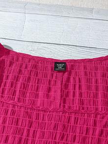 SHEIN VCAY Plus Size Women Solid Color Square Neck Short Petal Sleeve Casual Shirt - Hot Pink - View 4