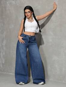 SHEIN Tall Summer Women's TallCasual Daily Commuting Going Out Outfit Pocket Button Casual Versatile Daily Wear Wide Leg Blue Jeans - Dark Wash - View 6