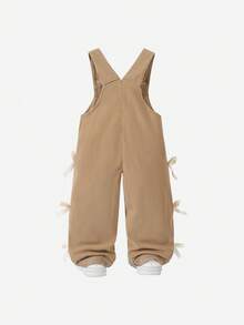 SHEIN Vintaside Kids 女婴休闲牛仔背带裤，卡其色，蝴蝶结装饰，宽松直筒裤型，面料柔软舒适，适合日常穿着，春、夏、秋、冬四季皆宜。 - 卡其色 - 查看 3