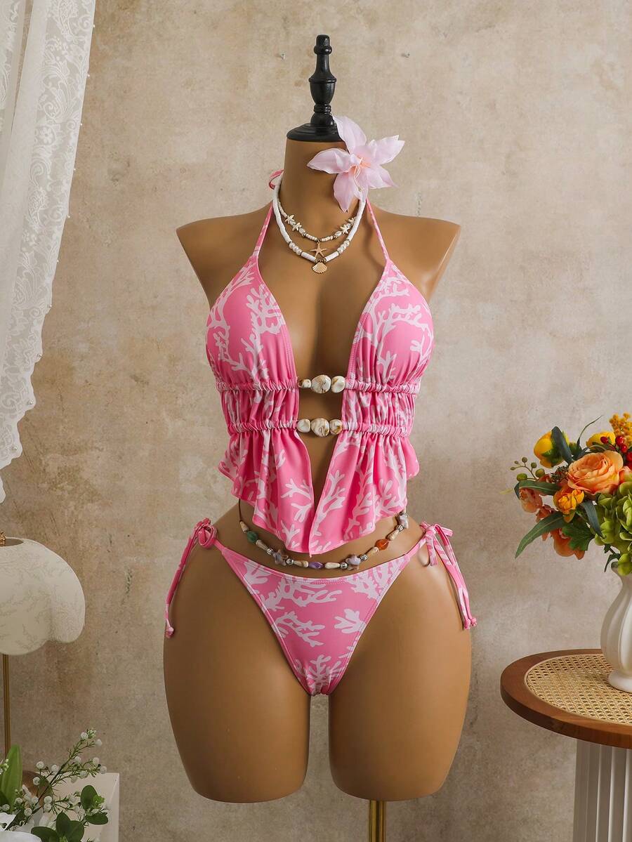 SHEIN Swim Vcay-D 女士随机印花吊带比基尼上衣，春夏款 - 彩色 - 查看 1