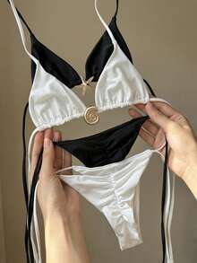 Swim Vcay 1 Set Women's Solid Color Halter Neck Triangle Bikini Swimwear, Black & White - Black and White - View 2