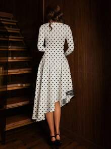 NOVVYNE Women's Round Neck Pleated Waist Black Lace Patchwork Elegant Romantic Minimalist Midi Dress - Black and White - View 2