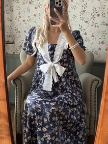 CottageSlumber Women's Vintage Ditsy Floral Patchwork Lace Trim Loose Long Nightgown, Palace Style - Navy Blue - View 3