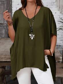 EMERY ROSE Plus Size Women's Solid Color V-Neck Casual Versatile Daily Wear Mid-Sleeve Shirt - Army Green - View 4