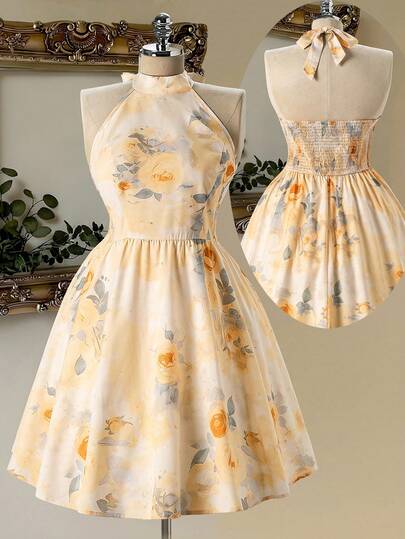 Rometta 大码时尚女装新款法式优雅浪漫印花露背无袖收腰迷你连衣裙，适合春夏、返校、度假、毕业典礼、节日、情人节、圣诞节、音乐节、母亲节、万圣节、感恩节、复活节、国庆节、舞会、约会、派对、婚礼、户外活动等场合。