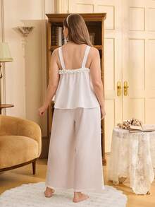 PalaceNights 复古宫廷风吊带荷叶边两件套睡衣套装，夏季 - 白色 - 查看 2