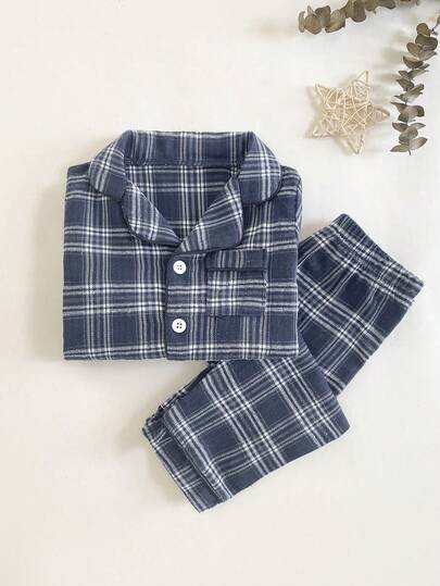 Baby Boys Pajamas-2 Piece Pajama Set Navy Plaid Button Front Long Sleeve Collared Top Full Length Pants Elastic Waist Cozy Breathable Sleepwear Two Piece Outfit Holiday New Year 2026 All Season Classic Family Gift Boys Pajama Sets Boy Pajamas Set Checkered Baby Boy Clothes Baby Boy Sleepwear