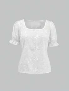 SHEIN PETITE 女士花卉刺绣图案休闲百搭日常短袖衬衫 - 白色 - 查看 1