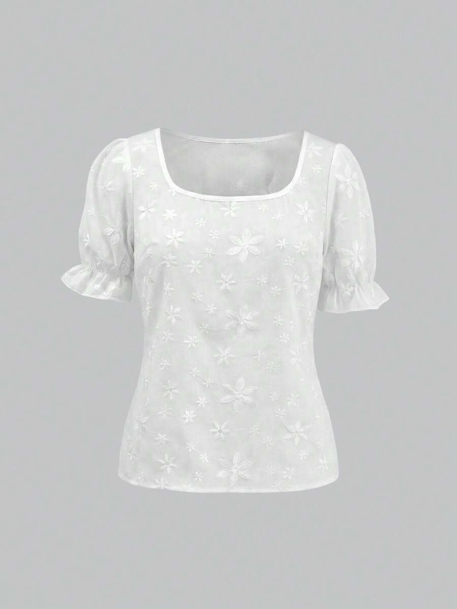 SHEIN PETITE 女士花卉刺绣图案休闲百搭日常短袖衬衫 - 白色 - 查看 1