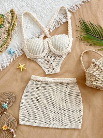 Soleia 女士拼接针织上衣和针织混纺迷你裙性感两件套度假装