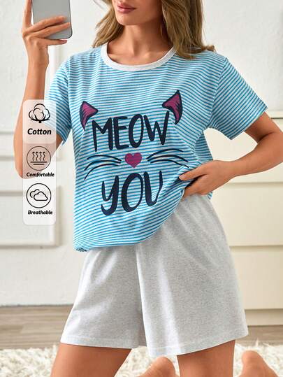 SHEIN Women Cotton 2 Pcs Striped With Lettered Printed Round Neck Short Sleeved Shirt & Solid Colour Shorts Homewear Cımfort Casual Pajama Set