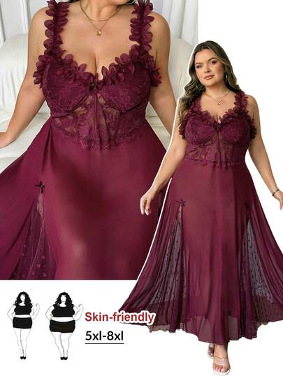 SHEIN CURVE+ Plus Size Women's Three-Dimensional Floral Solid Color Dress, Vacation Dress, Sexy Burgundy Long Dress