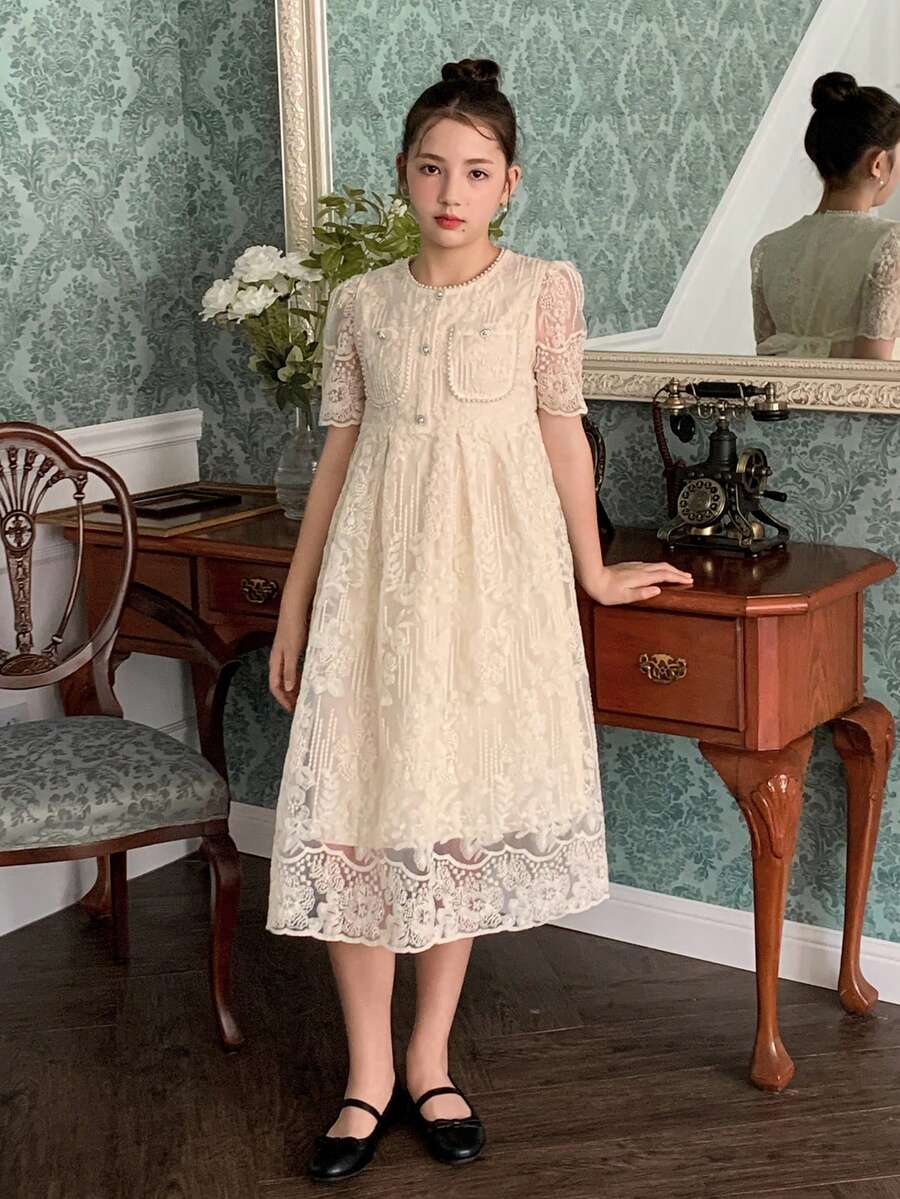 DAZY 少女优雅圆领珍珠刺绣收腰高腰蕾丝连衣裙 - 杏色 - 查看 1