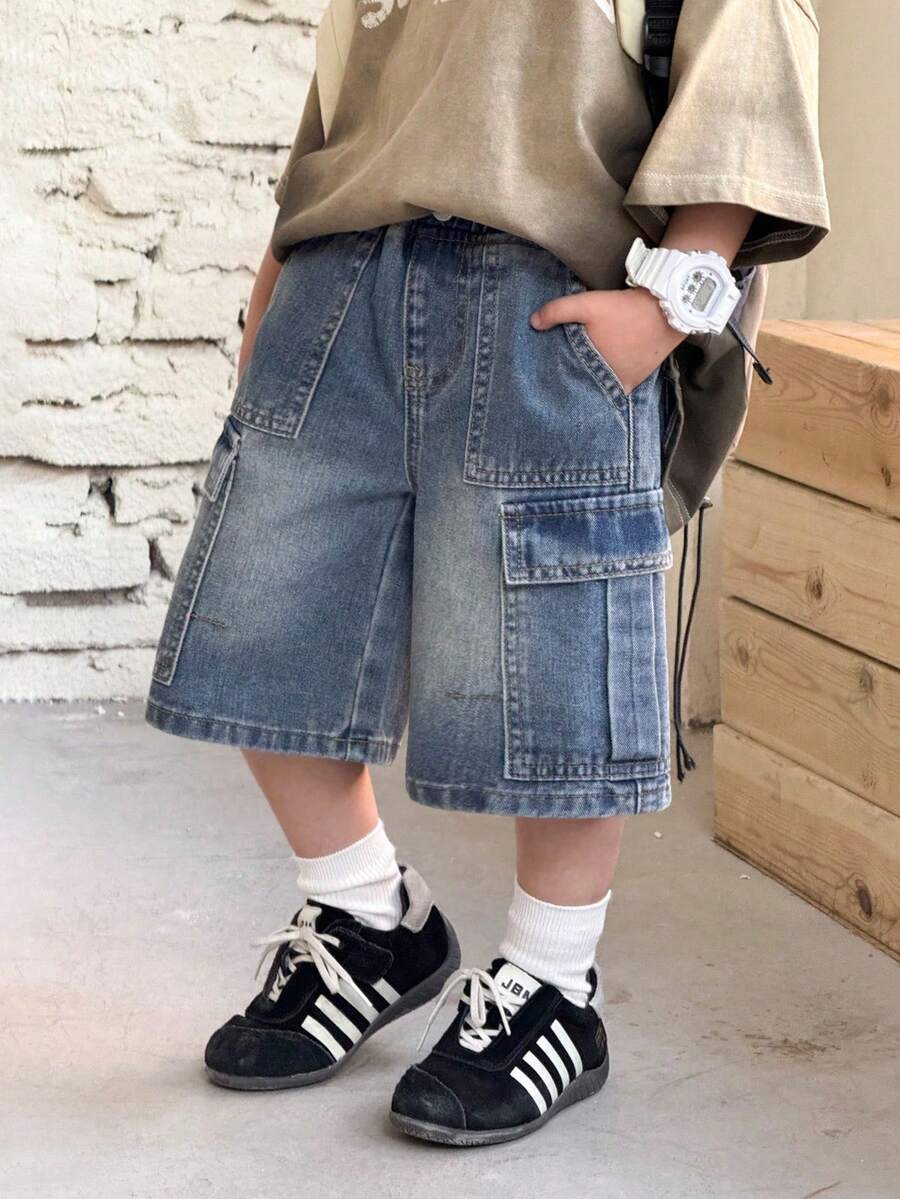 SHEIN Pantalones cortos cargo de mezclilla azul de ajuste holgado para niños - Azul lavado medio - Ver 1