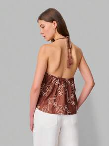 Nöista Brown Halter Pelum Top With White Floral Embroidery Fabric And Braid Piping Around Neckline. Easter, Spring, Summer, Boho, Festival. - Chocolate Brown - View 2