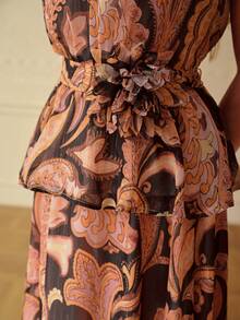 ZEYLAH Elegant Romantic Waist Cinching Umbrella Print 2 Pieces Set, Spring/Summer - Black - View 2