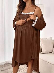SHEIN 2件套孕妇蕾丝袖睡袍哺乳吊带裙，休闲套装 - 鏽棕色 - 查看 4