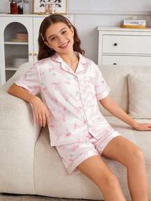 Bộ 2 món/Bộ đồ ngủ tay ngắn cổ polo in họa tiết quả anh đào & nơ cho bé gái tuổi teen, thoải mái, dễ mặc - Hồng - Xem 4