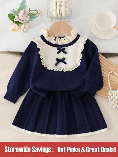 秋冬季女婴蝴蝶结装饰长袖上衣和裙子两件套