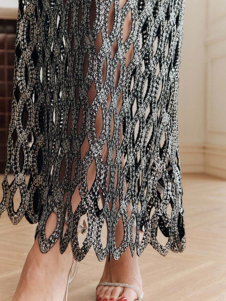 Summer, Beach, Festival, Holiday, Elegant Macrame Hollow Out Crochet Locating Embroidery Foil Midi Skirt