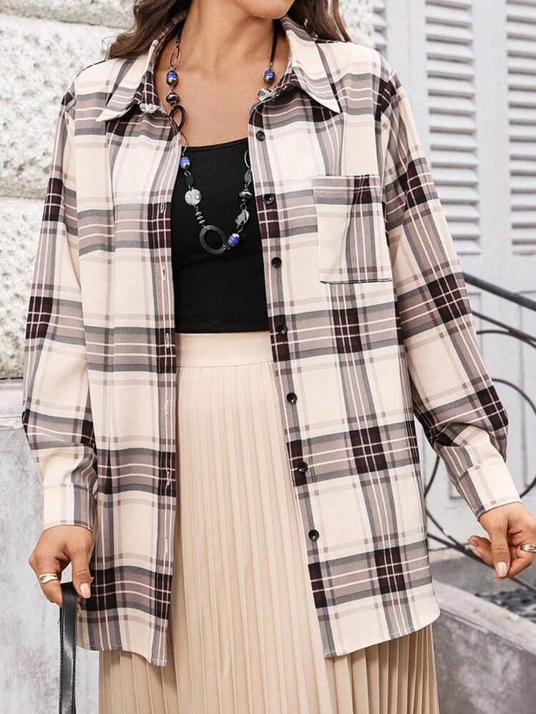 Plus Size Casual Plaid Front Button Long Sleeve Shirt, Autumn For Summer/ Vacation Summer For Women Beach Holidays Going Out Top Plaid Button Up Oversize Shirt For Women