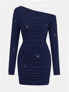 Girlism Teen Girls Ruffled Asymmetric Shoulder Mini Dress - Navy Blue - View 5