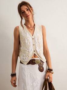 Freevana Women's Embroidered Mesh V-Neck Single-Breasted Casual Versatile Daily Wear Knit Vest Top - Maroon - View 5