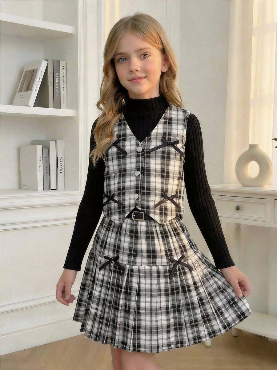 SHEIN 3pcs Girls Sleeveless Buttoned Vest, Turtleneck Ribbed Long Sleeve T-Shirt, And Pleated Skirt With Belt Set - Black and White - View 1