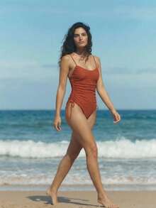 Maija Women's Burgundy Sexy Sleeveless Ruched Spaghetti Strap Knitted One-Piece Swimsuit Plants Pattern - Burgundy - View 1