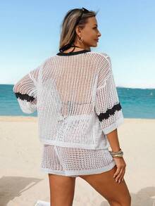 Swim Vcay 春夏镂空V领七分袖沙滩罩衫 - 黑與白 - 查看 2