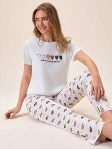 Bộ đồ nữ Cotton Line gồm áo tay ngắn cổ tròn màu trơn họa tiết trái tim và quần dài. - Màu be - Xem 4