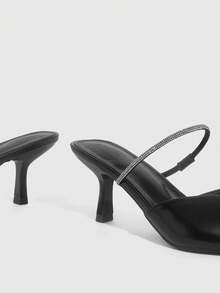 CUCCOO SZL Mules de tacón alto elegantes con decoración de diamante de imitación y punta puntiaguda para mujer - Negro - Ver 10