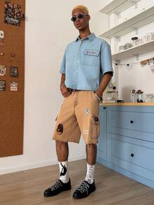 STEELVANCE Men's Casual Street Style Striped Embroidered Blue Denim Short Sleeve Shirt - Light Wash - View 4