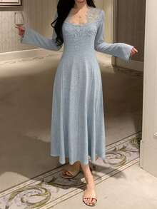 DAZY 蕾丝拼接修身长袖长款睡裙，春季女士睡衣连衣裙 - 藍色 - 查看 4