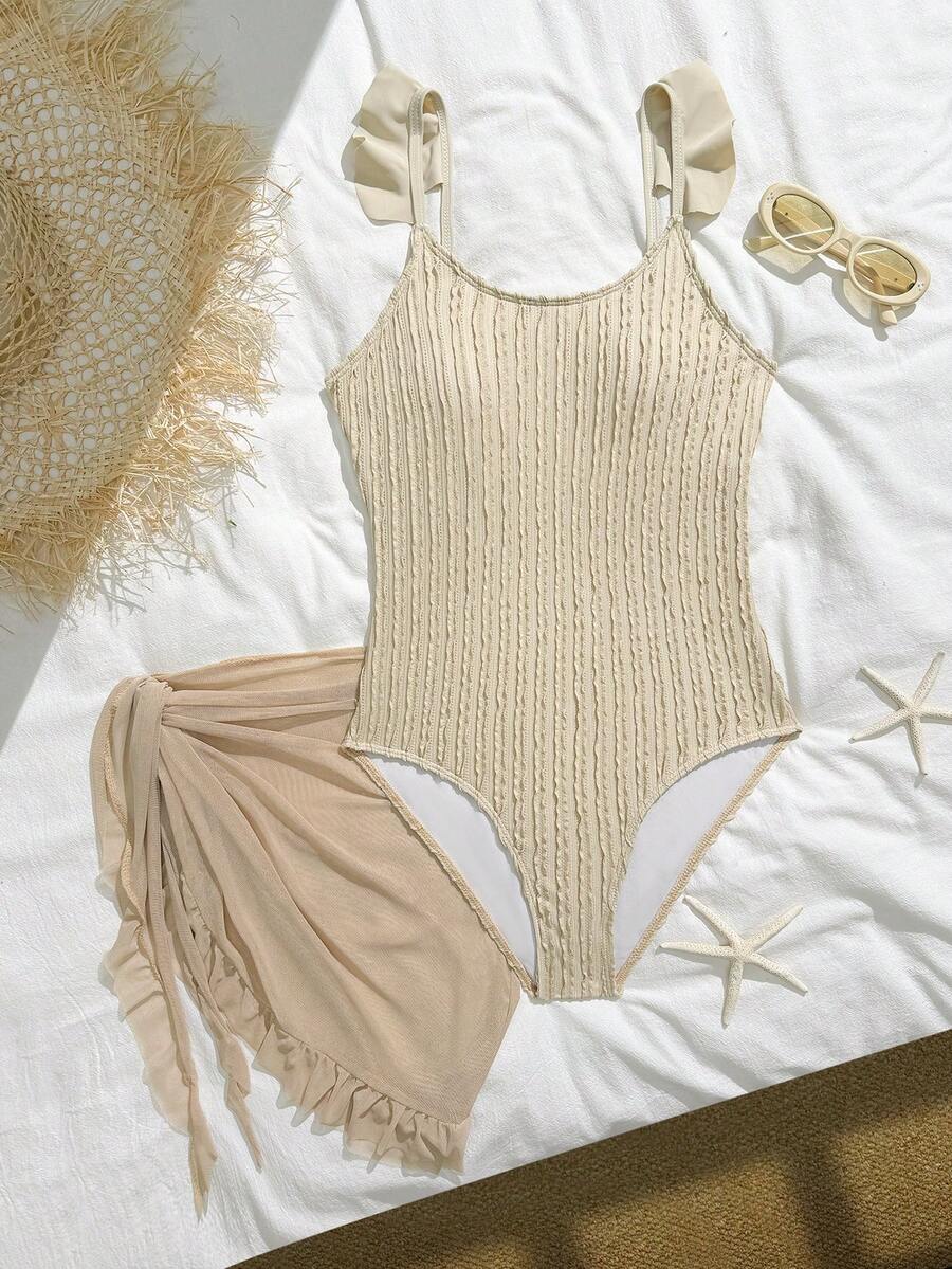 Khaki Special Fabric Elastic One-Piece Swimsuit With Ruffle Trim For Teenage Girls - Khaki - View 1