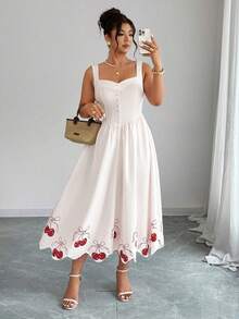 Elenzga Plus Size Women's Elegant Casual Waist Gathered A-Line Hem Ruffle Fruit Print Dress, Suitable For Spring/Summer Holiday - Multicolor - View 3