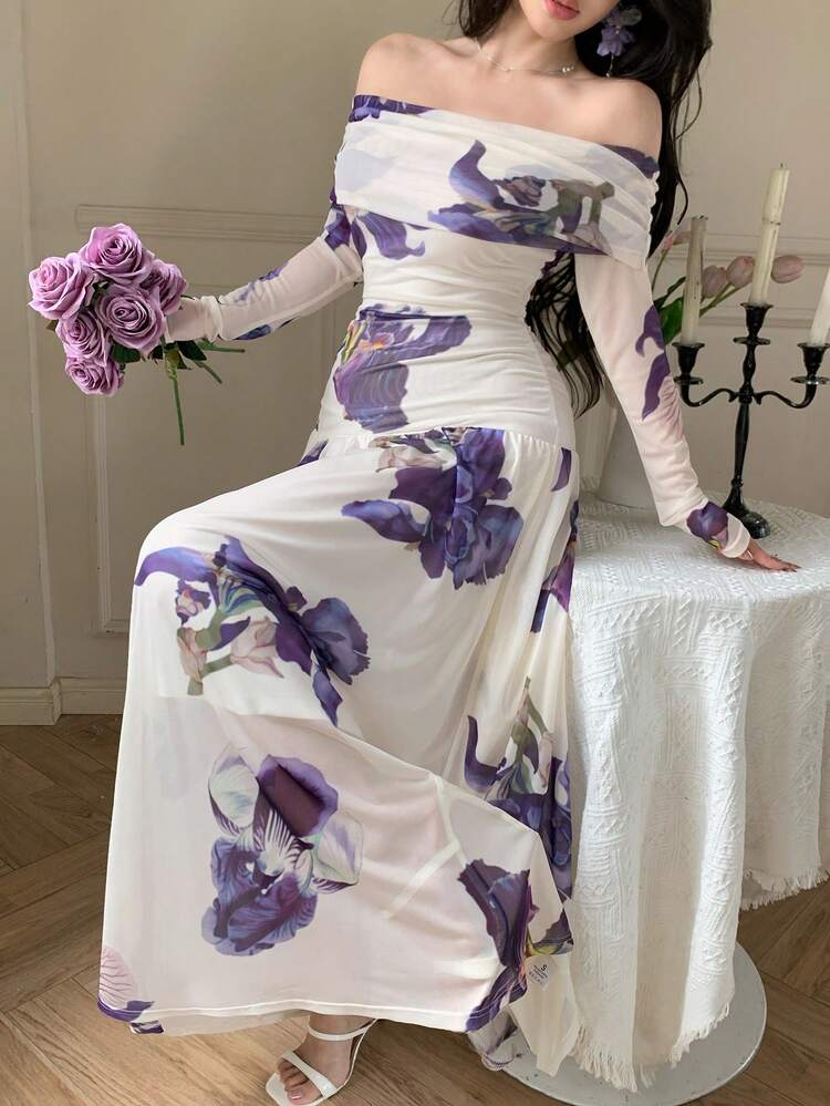 Elegant Women's Off-Shoulder Purple Long Dress Summer Sun Dresses For Women