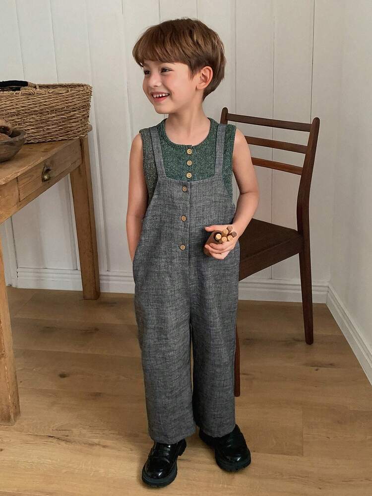Young Boy Solid Color Button Design Vest And Bib Pants Casual Suit