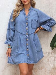 EMERY ROSE Vestido vaquero de manga larga con cuello con muesca, botones delanteros y bolsillos en diagonal de unicolor para mujer - Azul - Ver 4