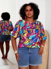 EMERY ROSE Plus Size Women's Blue Summer Boho Vacation All-Over Colorful Abstract Animal Print Round Neck Ruffle Short Sleeve Casual Pullover Blouse Shirt Tops - Multicolor - View 1