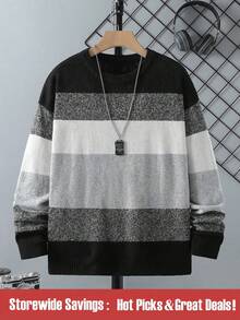 Teenager Jungen gestreifter Rundhals Langarm Lässig Loose Strickpullover, Herbst/Winter - Dunkelgrau - Übersicht 1