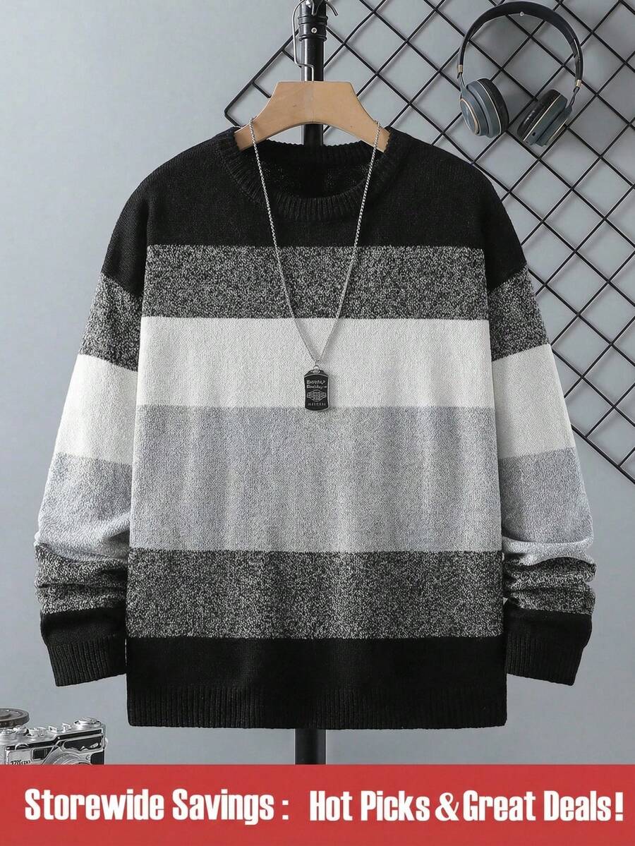 Teenager Jungen gestreifter Rundhals Langarm Lässig Loose Strickpullover, Herbst/Winter - Dunkelgrau - Übersicht 1