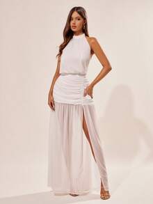 Elegant Romantic White Chiffon Dress, Sexy Backless Dress, High Slit Dress, Date Dress, Vacation Dress, Beach Dress, Suitable For Island Vacation, Beach, Holiday, Night, Date, Party, Club, Cocktail, Ball, Wedding Guest, Bridesmaid - White - View 5