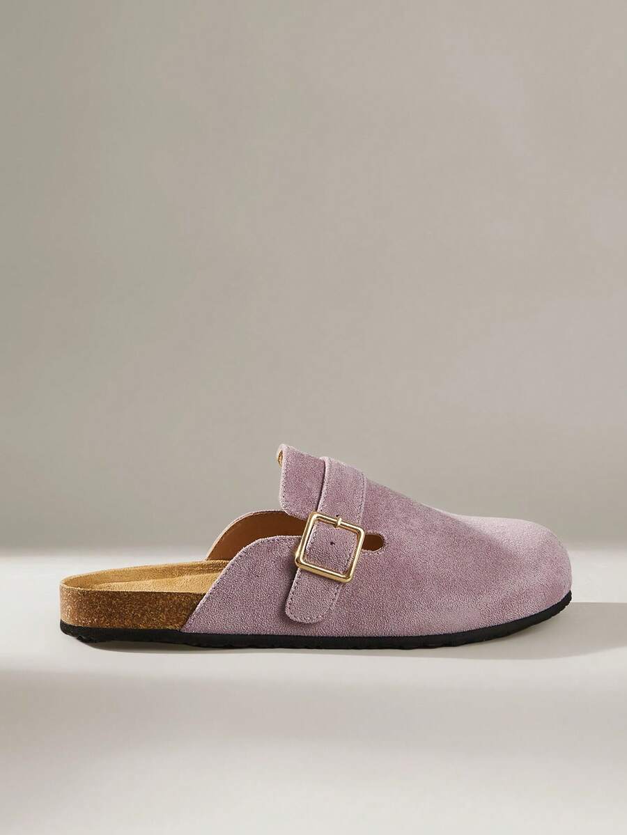 Solecia 女士新款平底套脚鞋，半包头穆勒鞋，采用绒面革材质，适合外出、购物、通勤和休闲穿着。 - 淺紫色 - 查看 1