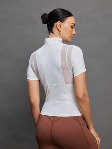 Activina Women's Hollow-Out Splice Stand Collar Short Sleeve Fitted Equestrian Top Womens Equestrian Clothing Athletic Top - White - View 2