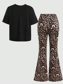 SHEIN Conjunto de camiseta holgada de manga caída con estampado de leopardo y pantalones acampanados para adolescentes - Multicolor - Ver 2